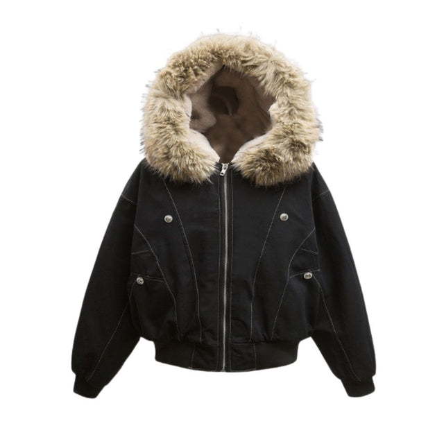 Vintage Hooded Fur Collar Jacket