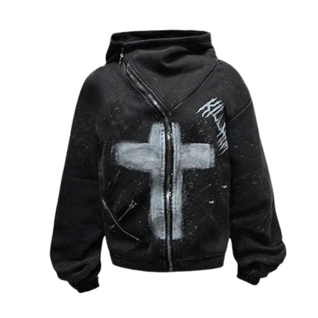 Vintage Hand-Painted Cross Zip-Up Jacket