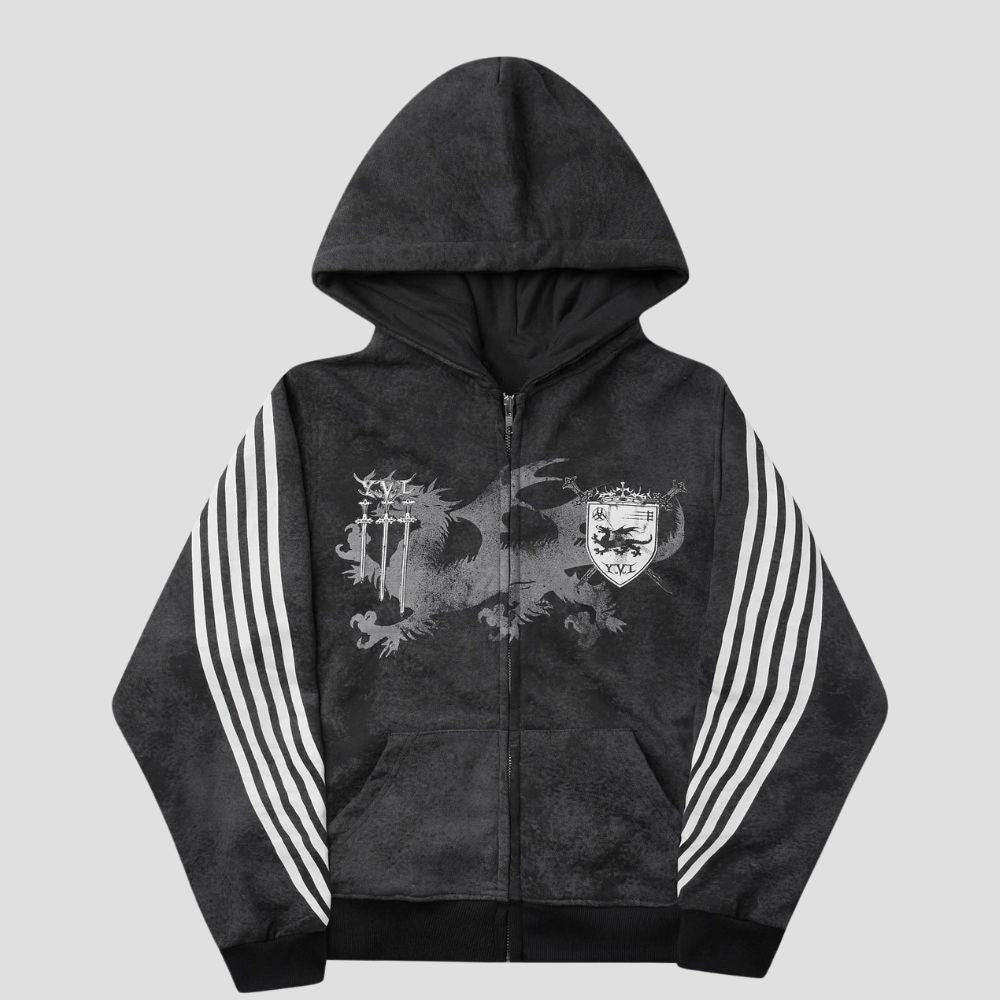 Vintage Design Three-Stripe Print Hoodie Set