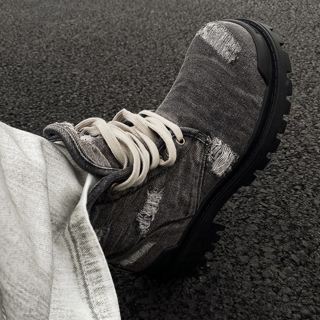 Distressed Denim Combat Boots