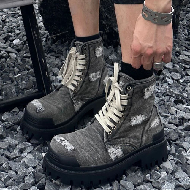 Distressed Denim Combat Boots