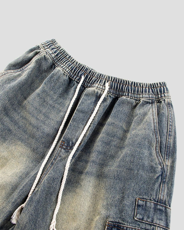 Washed Denim Multi-Pocket Cargo Pants