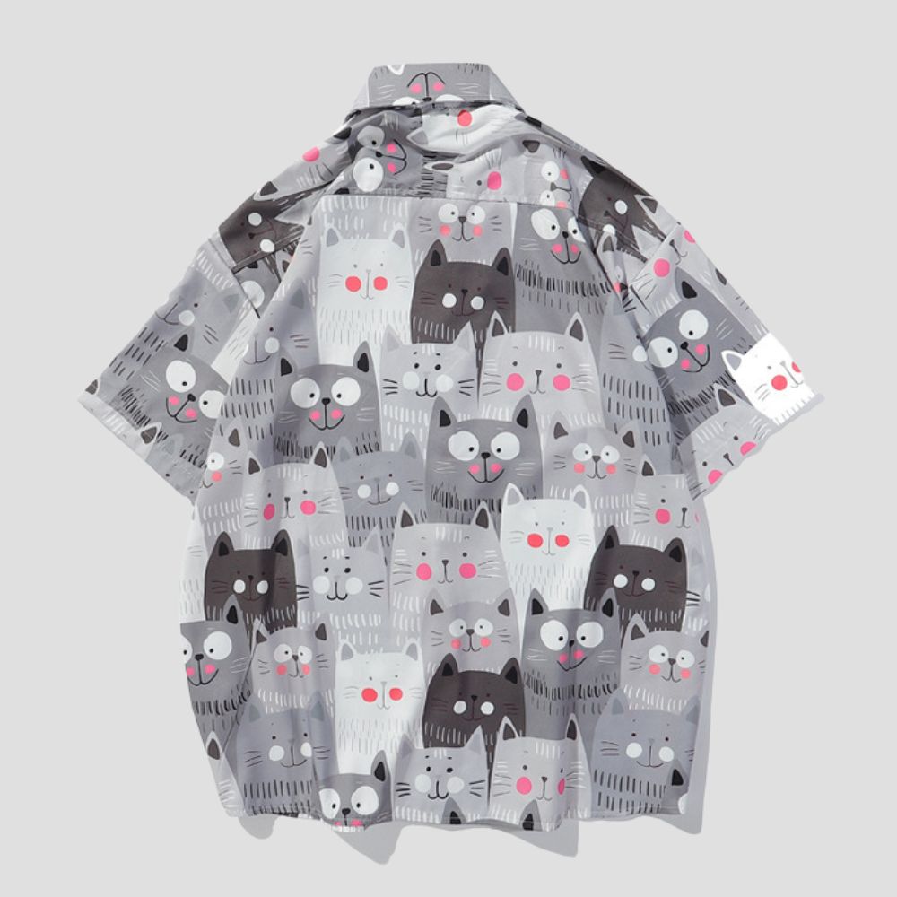Cat Pattern Printed Silk Cotton Shirt