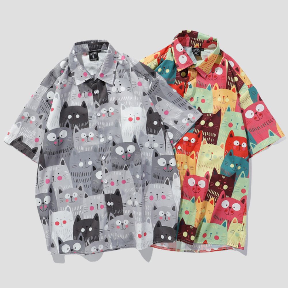 Cat Pattern Printed Silk Cotton Shirt