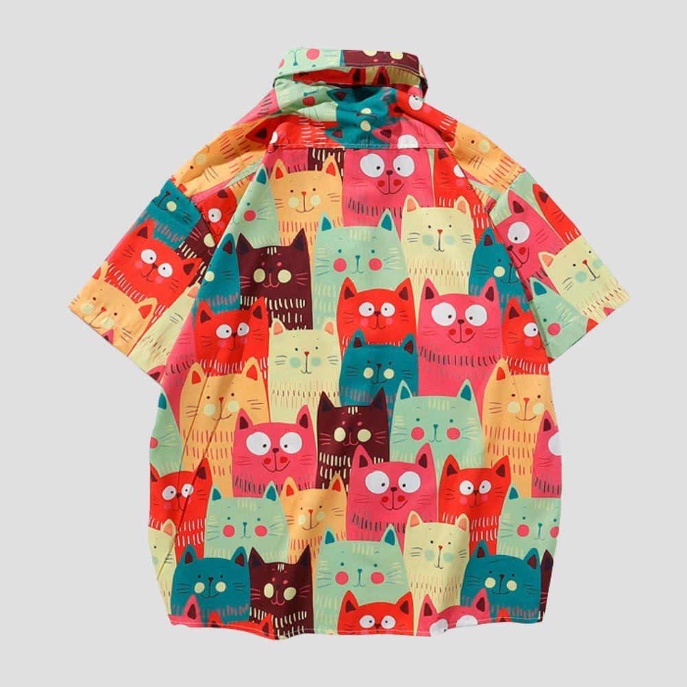 Cat Pattern Printed Silk Cotton Shirt