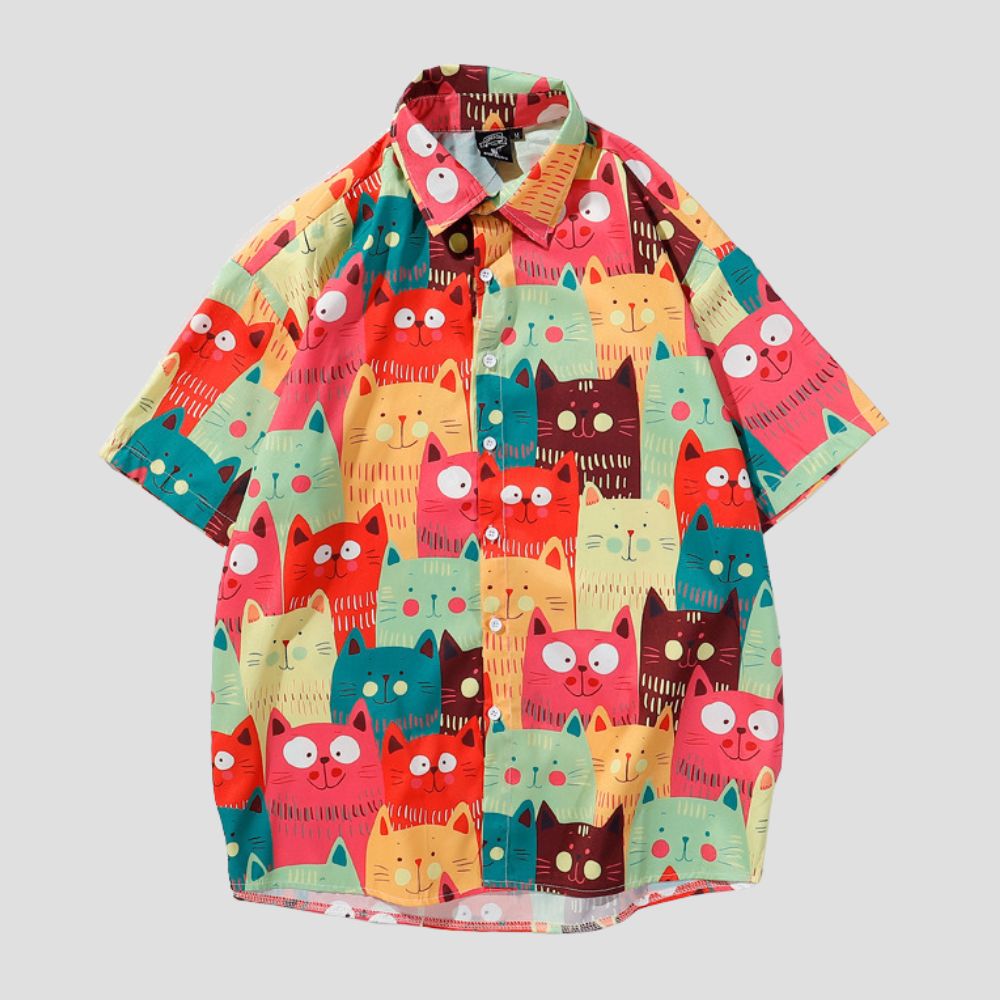 Cat Pattern Printed Silk Cotton Shirt