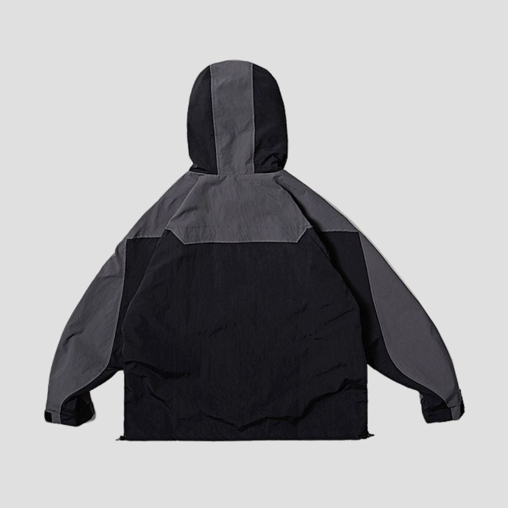 Back View of Color-Blocked Hooded Jacket highlighting the unique color combination