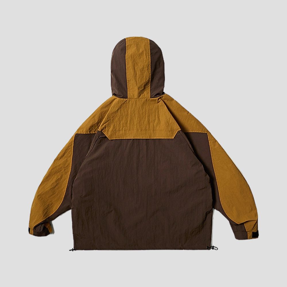 Back View of Color-Blocked Hooded Jacket highlighting the unique color combination