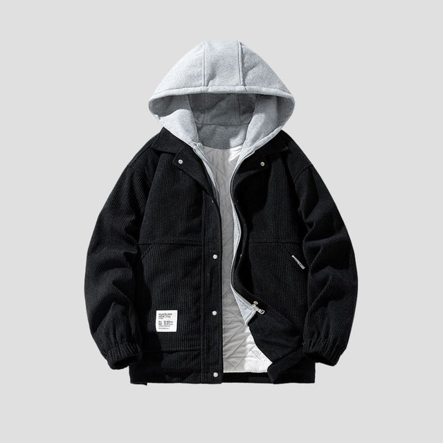 Back View of the Corduroy Hooded Cotton-Padded Jacket with Adjustable Drawstrings