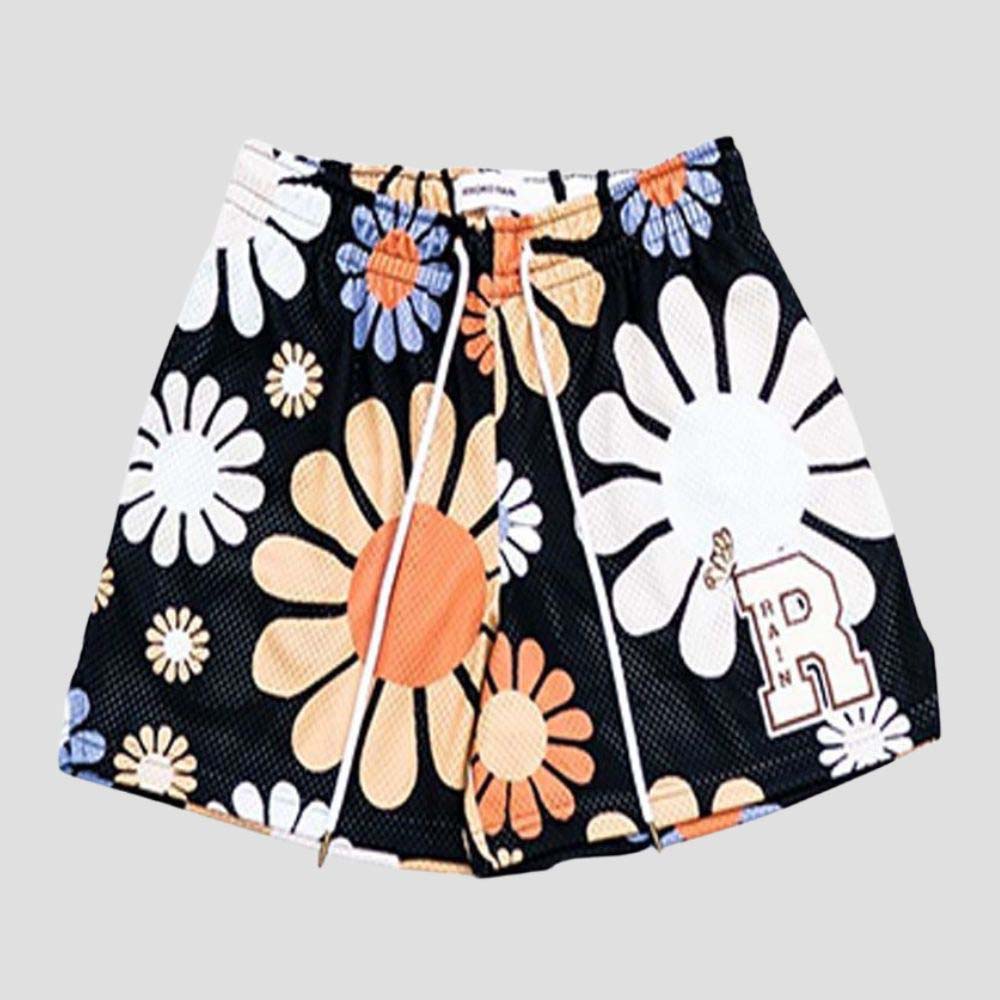 Street style hip-hop fashion with floral print shorts.