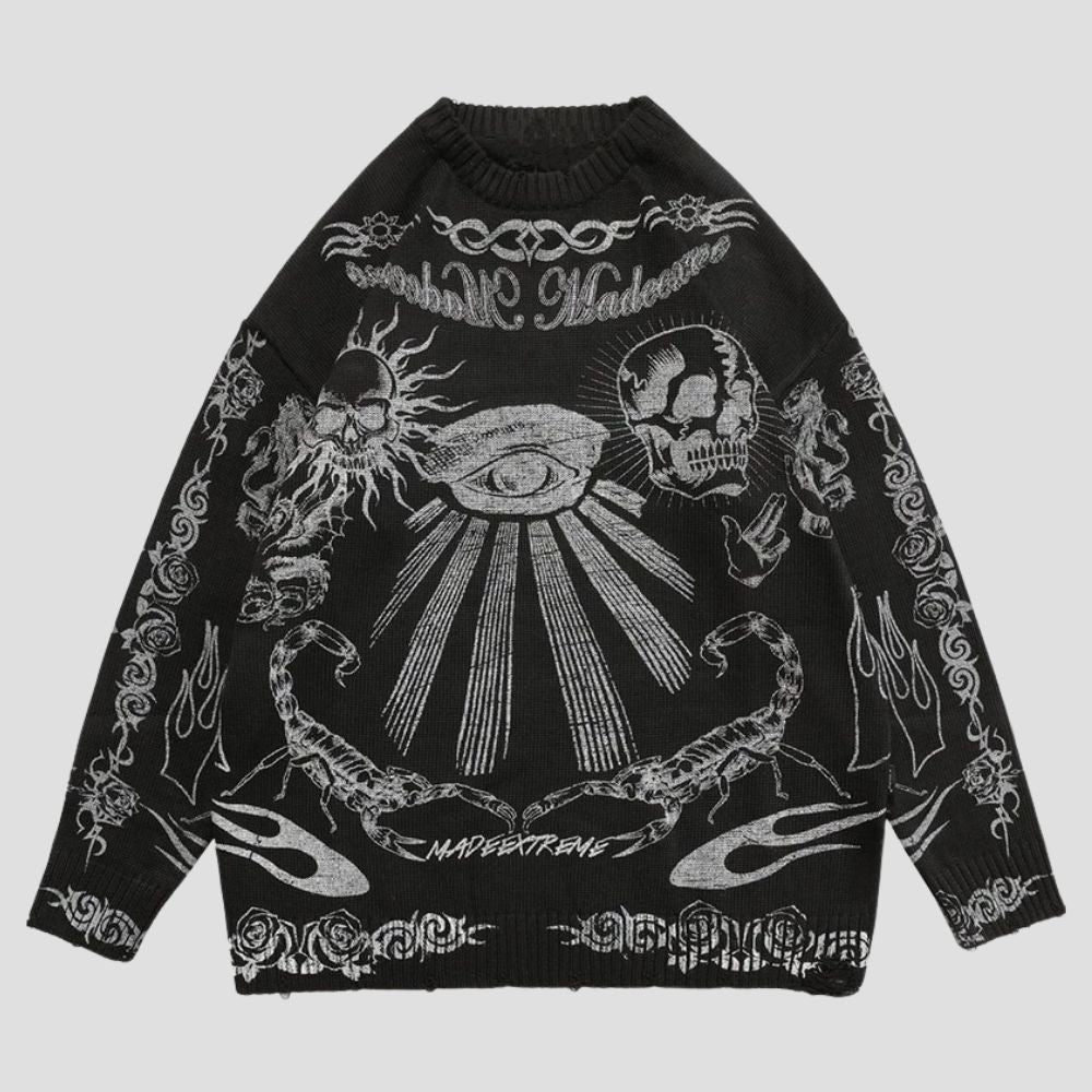 Gothic Skull Print Knitted Sweater
