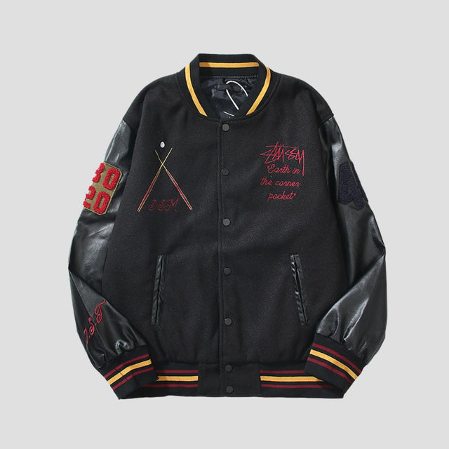 Stylish wool blend baseball jacket with a high-street hip-hop vibe.