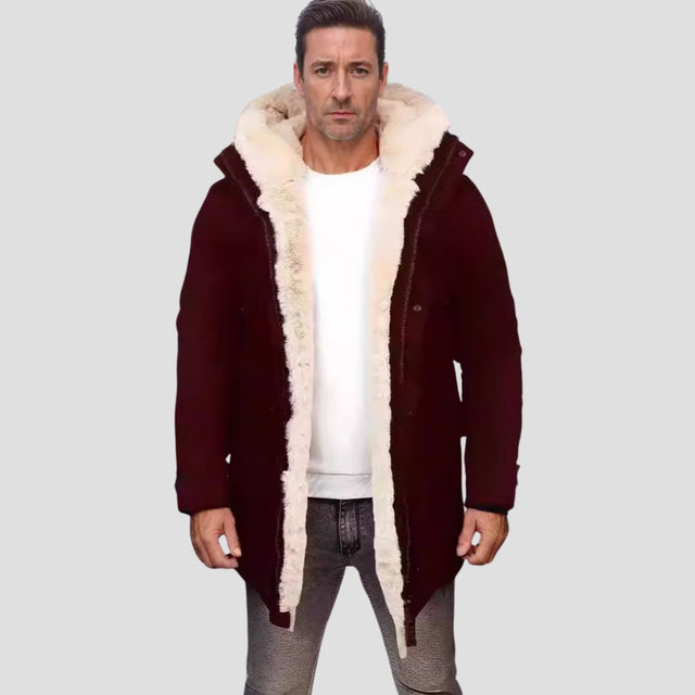 Model wearing the Hooded Fleece Lined Warm Jacket outdoors, demonstrating its stylish and functional design