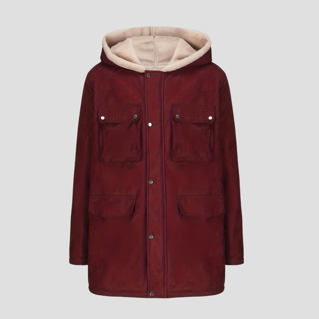 Front view of the Hooded Fleece Lined Warm Jacket showcasing its cozy fleece interior and full-length zipper.