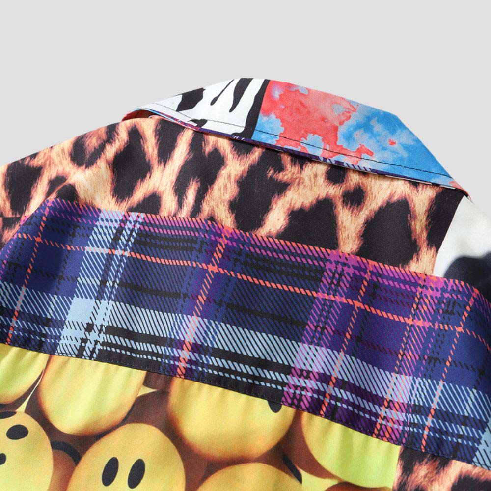 Unisex Hawaiian shirt with cooling fabric, color block design, and leopard elements.