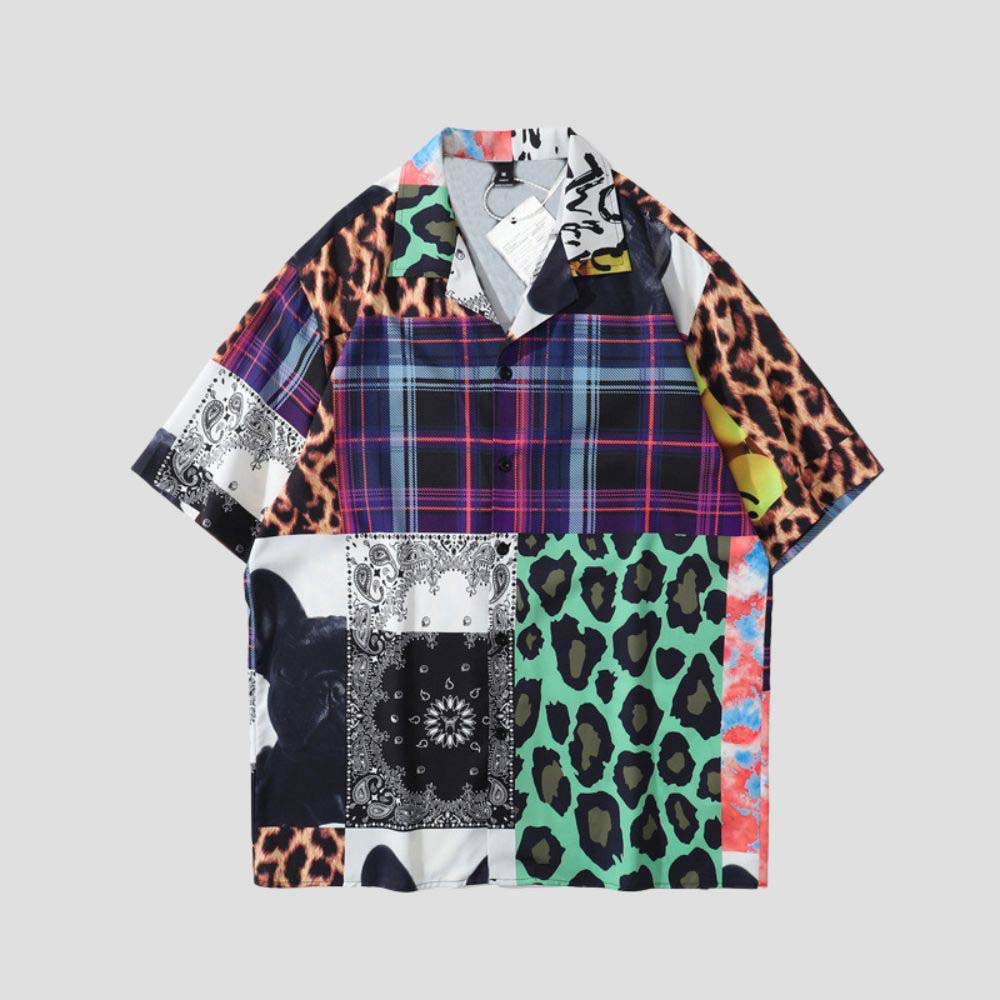 Leopard print Hawaiian shirt with color block design and cooling fabric.