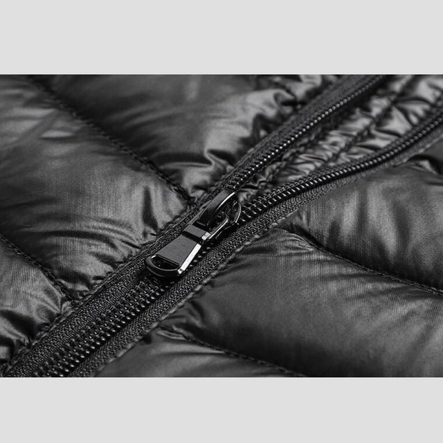 The jacket styled for outdoor activities, highlighting its warmth and versatility