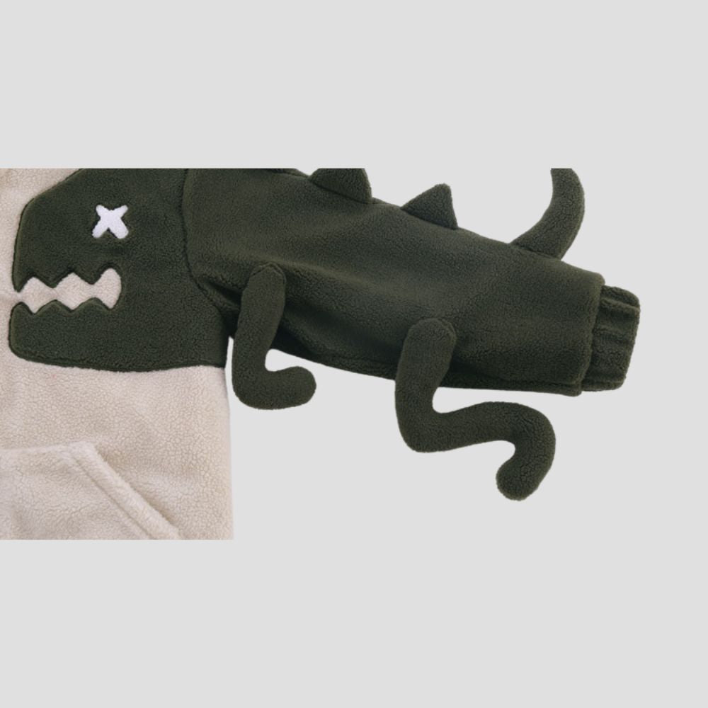 Loose-fit fleece hoodie with dinosaur decor