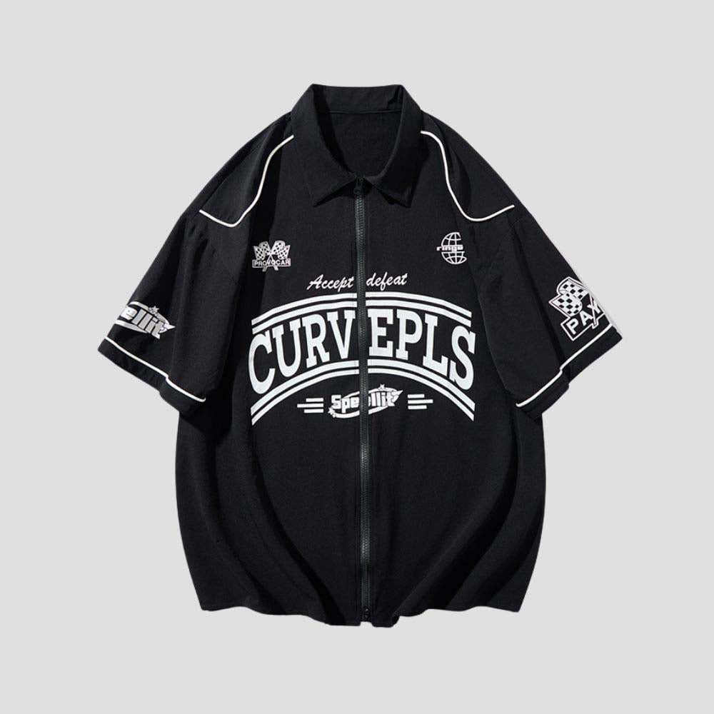 Hip-hop style shirt collar tee with zipper closure