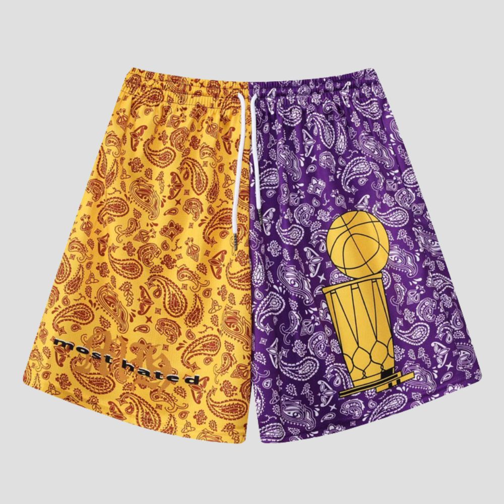 Cooling fabric shorts with embroidery pattern and color block design.