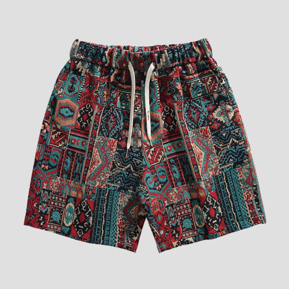 Cooling fabric shorts with embroidery pattern and color block design.