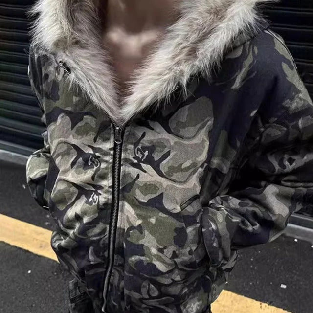 Camouflage Fur Collar Padded Jacket