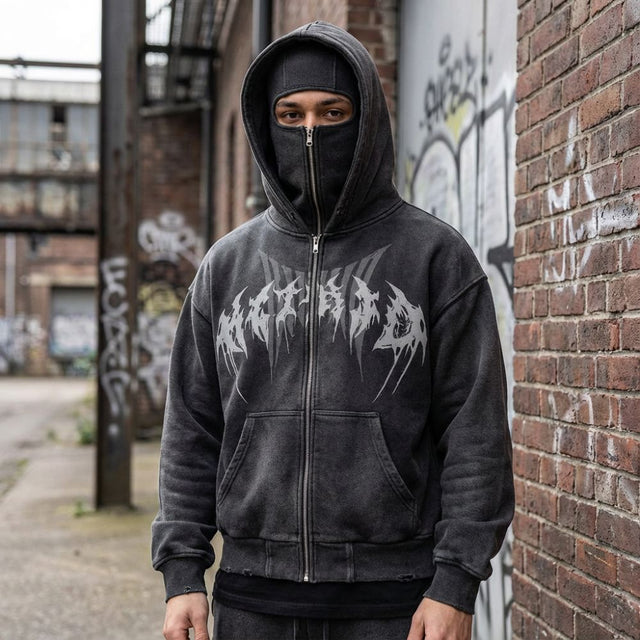 Double-Hood Black Metal Graphic Hoodie