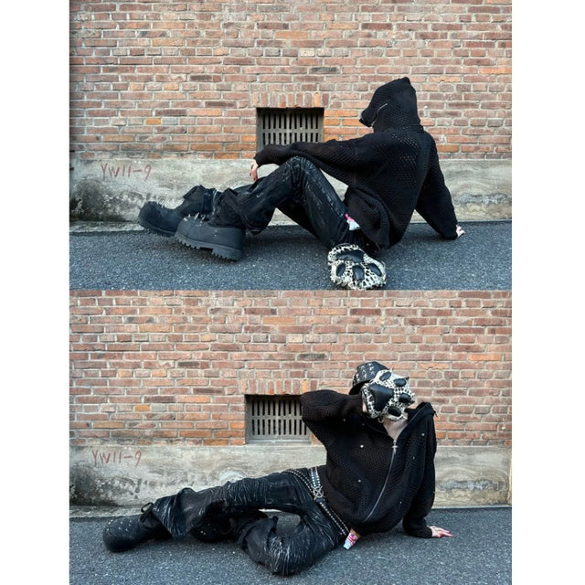 Avant-Garde Hollow Knit Zip-Up Hoodie