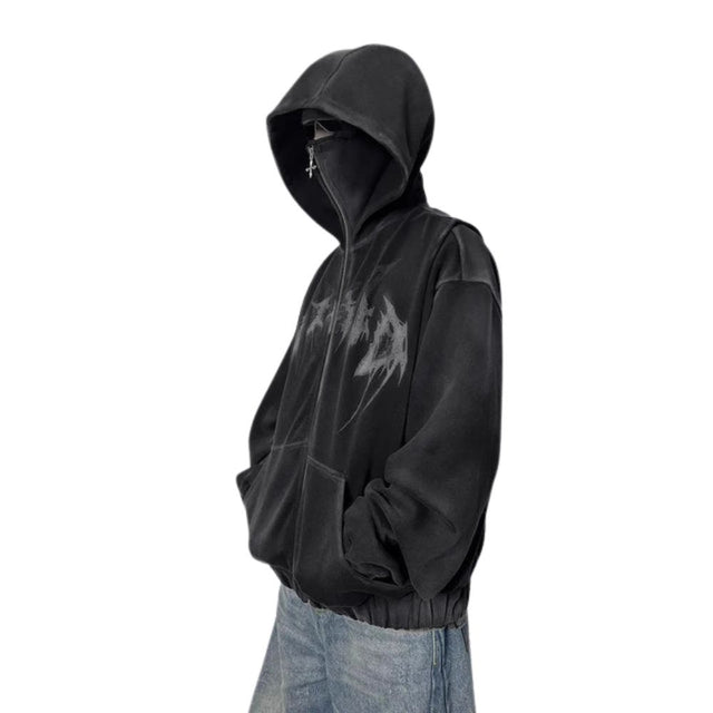 Double-Hood Black Metal Graphic Hoodie