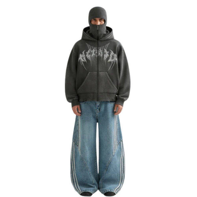 Double-Hood Black Metal Graphic Hoodie