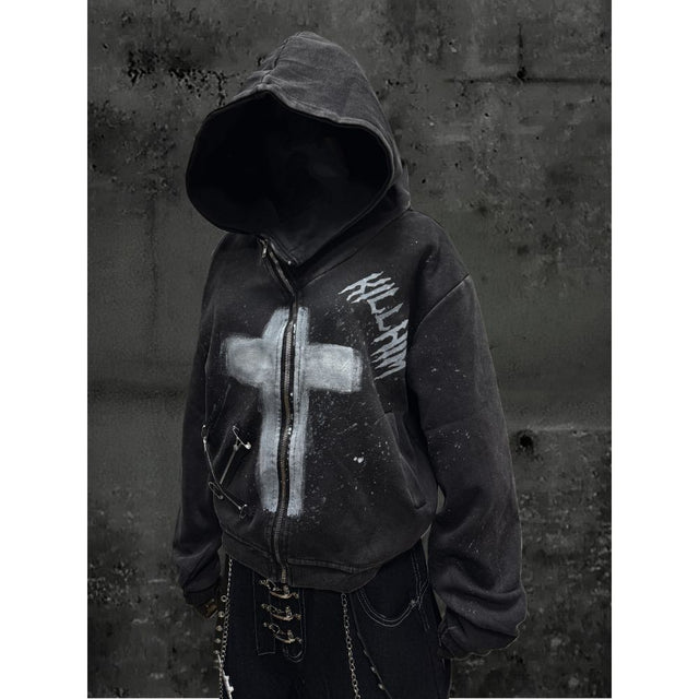 Vintage Hand-Painted Cross Zip-Up Jacket