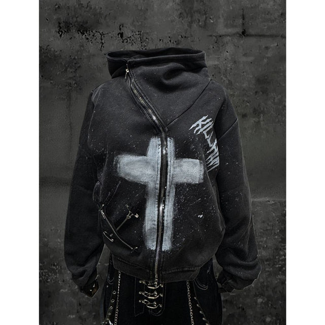 Vintage Hand-Painted Cross Zip-Up Jacket