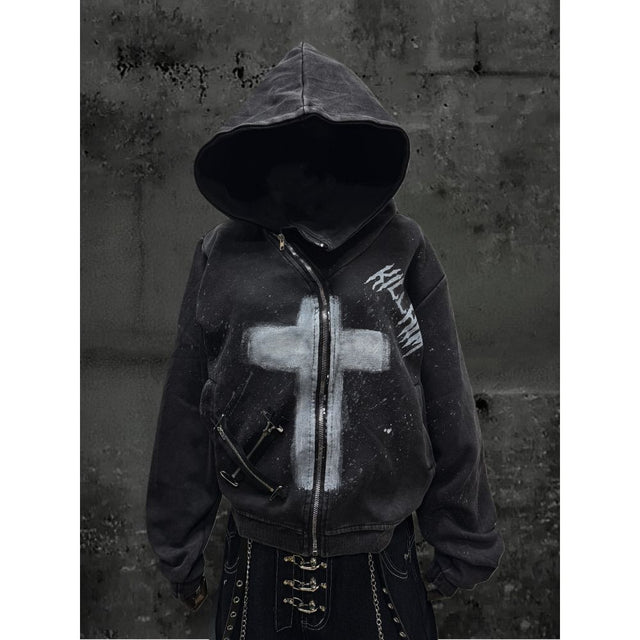 Vintage Hand-Painted Cross Zip-Up Jacket