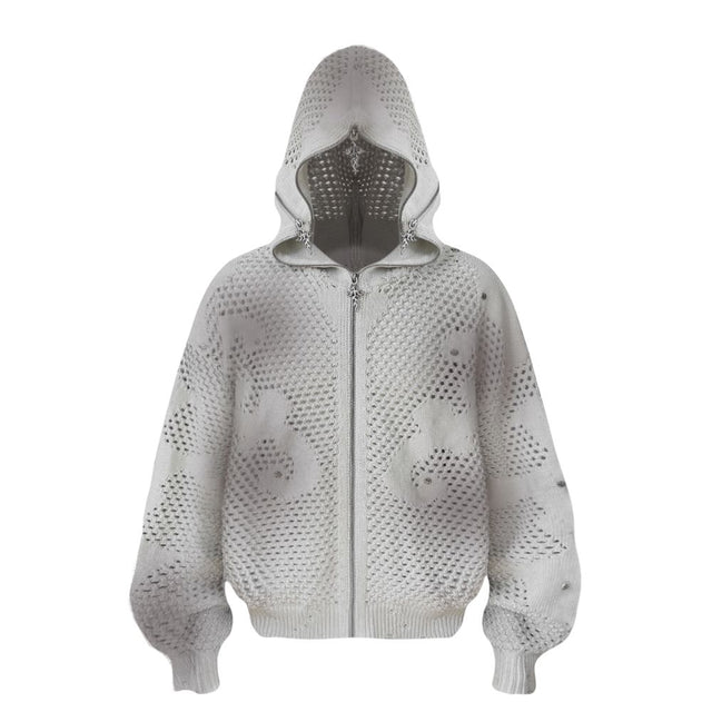 Avant-Garde Hollow Knit Zip-Up Hoodie