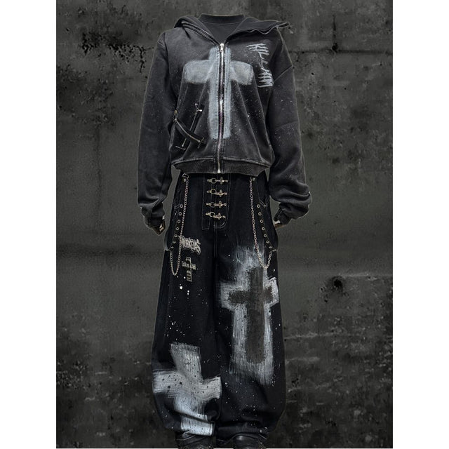 Vintage Hand-Painted Cross Zip-Up Jacket