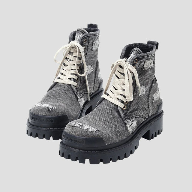 Distressed Denim Combat Boots
