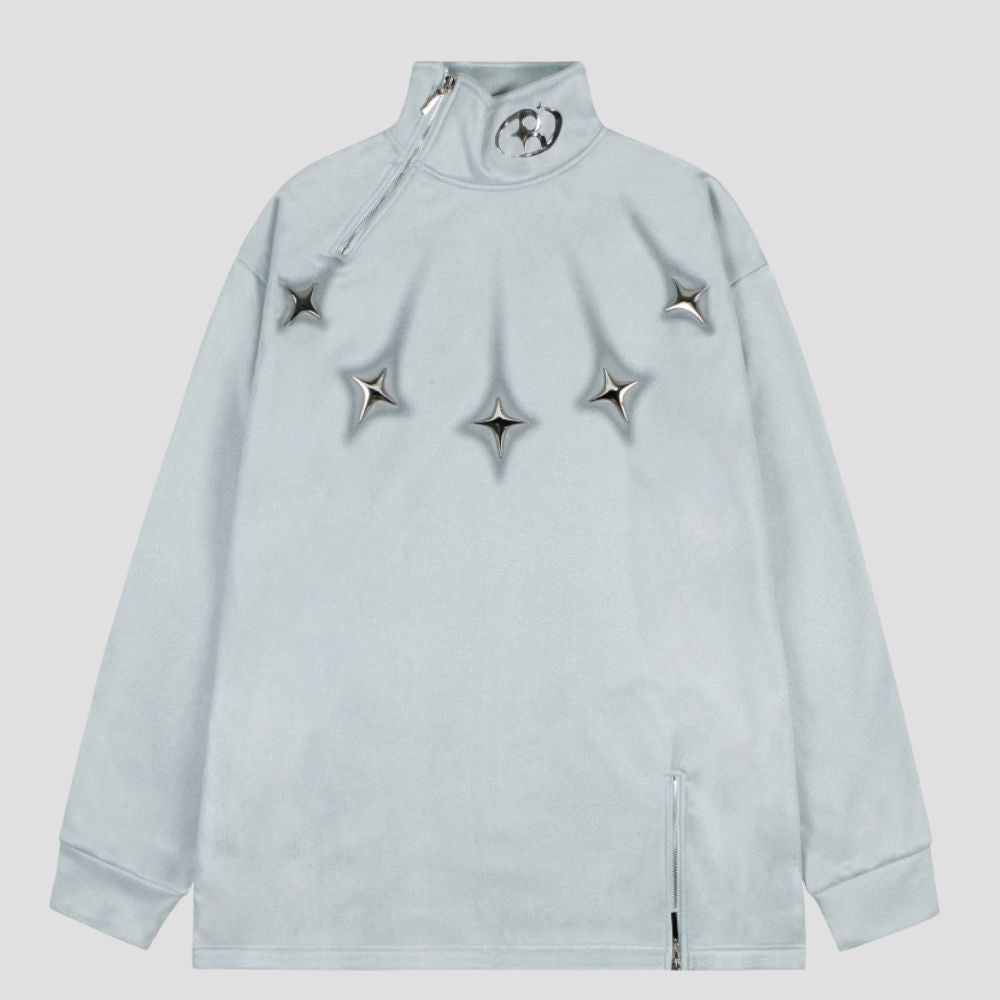 Zip-Decorated High Neck Sweatshirt