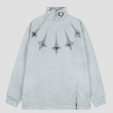Zip-Decorated High Neck Sweatshirt