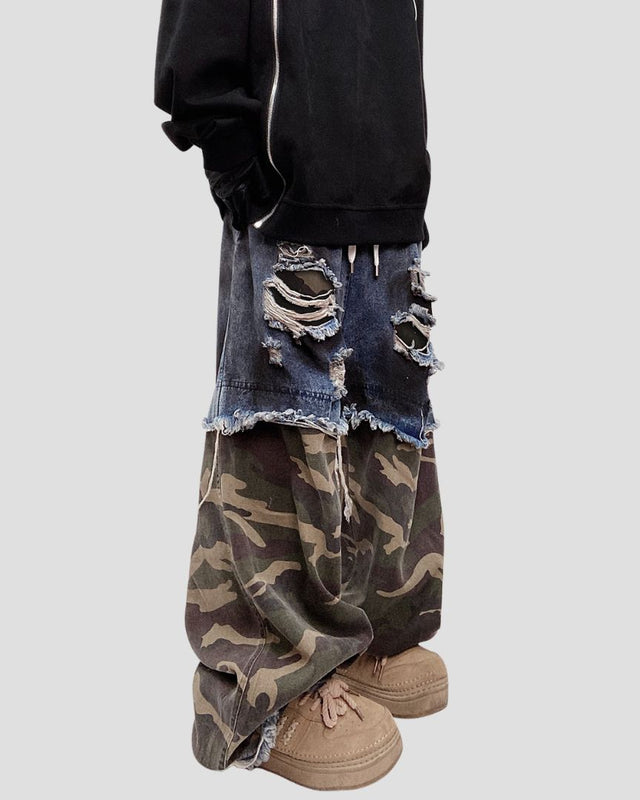 Denim Camouflage Wide-Leg Pants