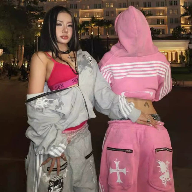 Vintage Design Three-Stripe Print Hoodie Set