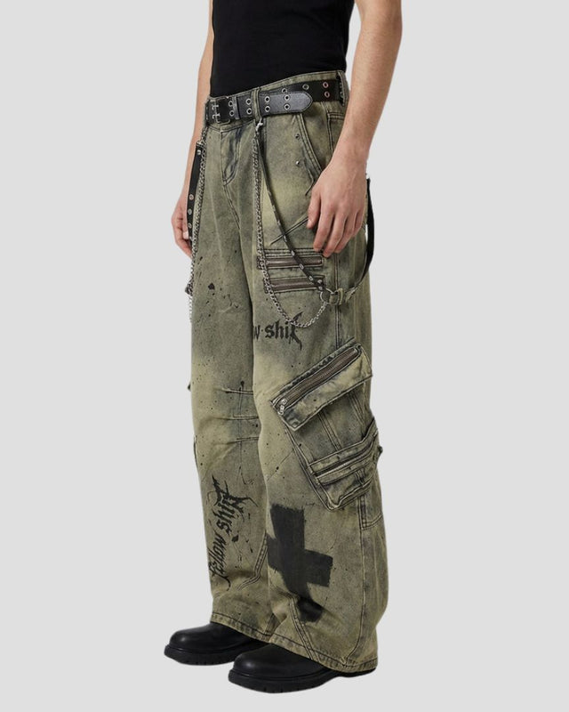 Dual-Waist Paint-Splash Cargo Pants