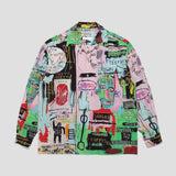 Lapel-collar long-sleeved shirt showcasing abstract graffiti patterns