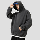 Close-up of the spacious front pocket on the Foam Print Hooded Sweatshirt