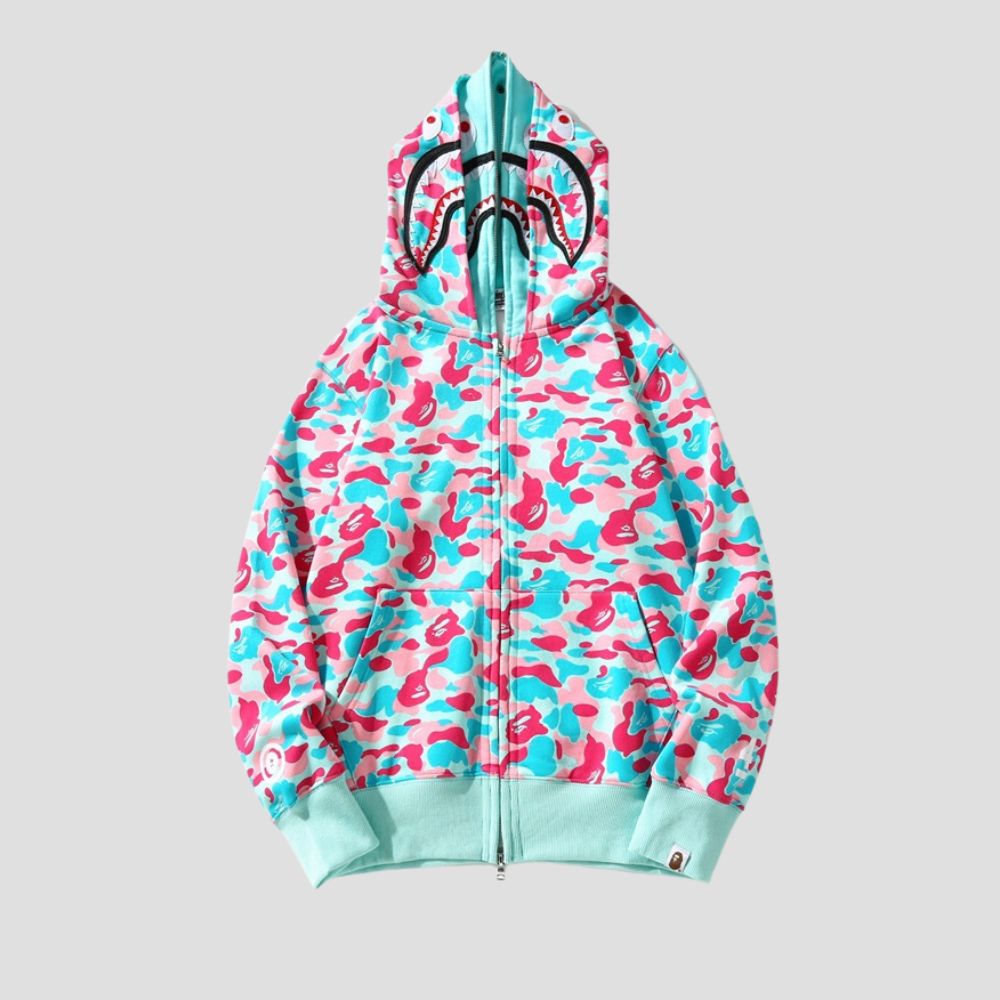 Unisex loose-fit hoodie with shark head decoration.