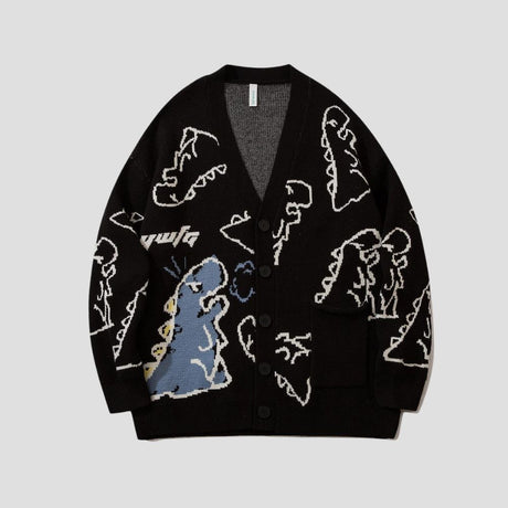 Front view of Cartoon Dinosaur Cardigan Sweater