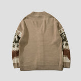  Back view of Cartoon Jacquard Cardigan Sweater with full jacquard cartoon pattern