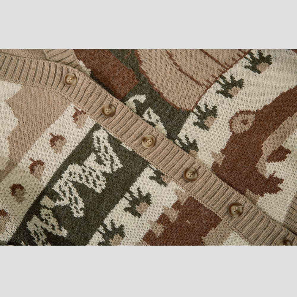 Detailed view of the cartoon jacquard pattern on the sweater