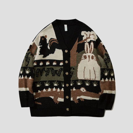 Front view of Cartoon Jacquard Cardigan Sweater showcasing its playful design