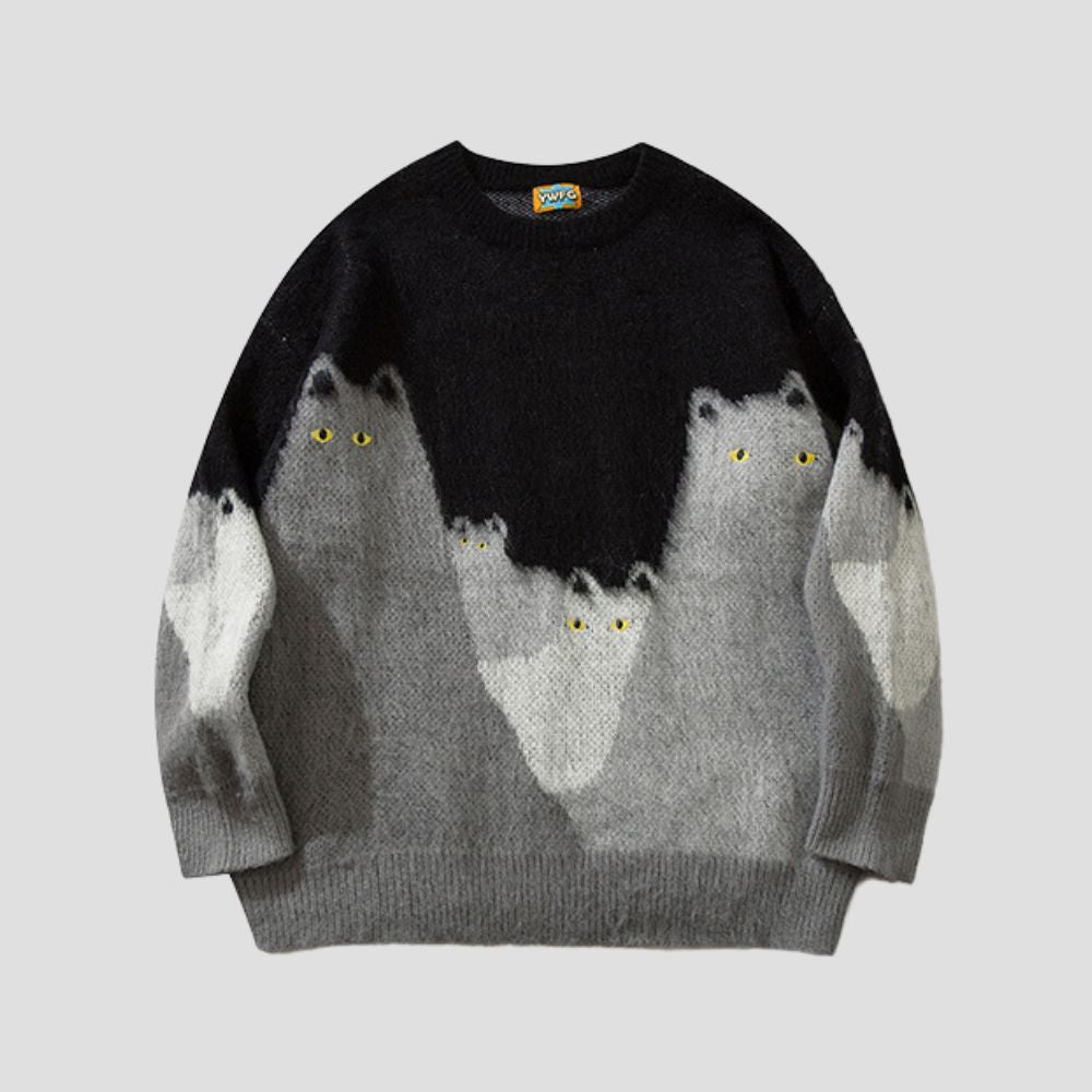 Front view of the Cat Print Sweater showcasing the adorable cat design.