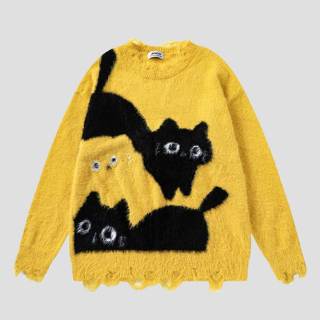 Unisex sweater with cute cat embroidery for winter.
